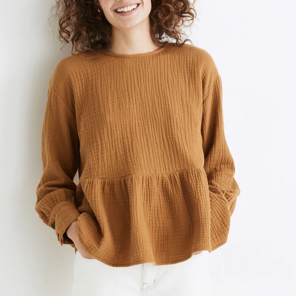 MADEWELL Size XS Medium Brown Slub Cotton Gauze Lightspun Button-Back Peplum Top